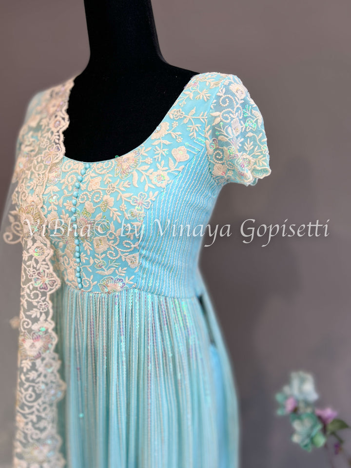 Sky Blue Embroidered Anarkali Palazzo Set