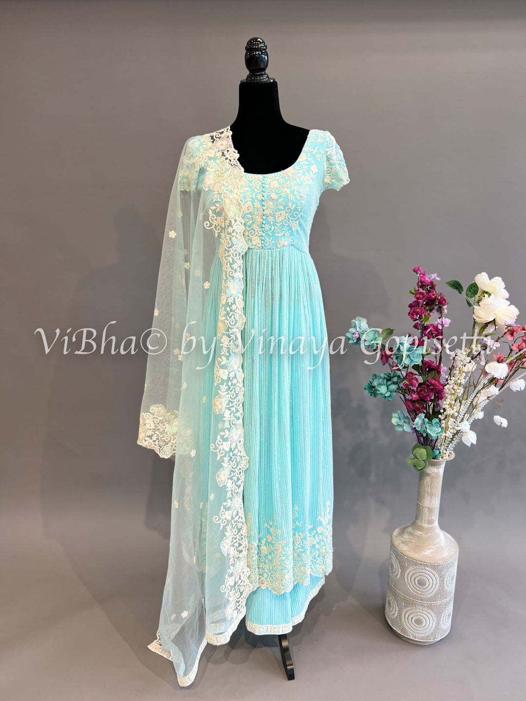 Sky Blue Embroidered Anarkali Palazzo Set