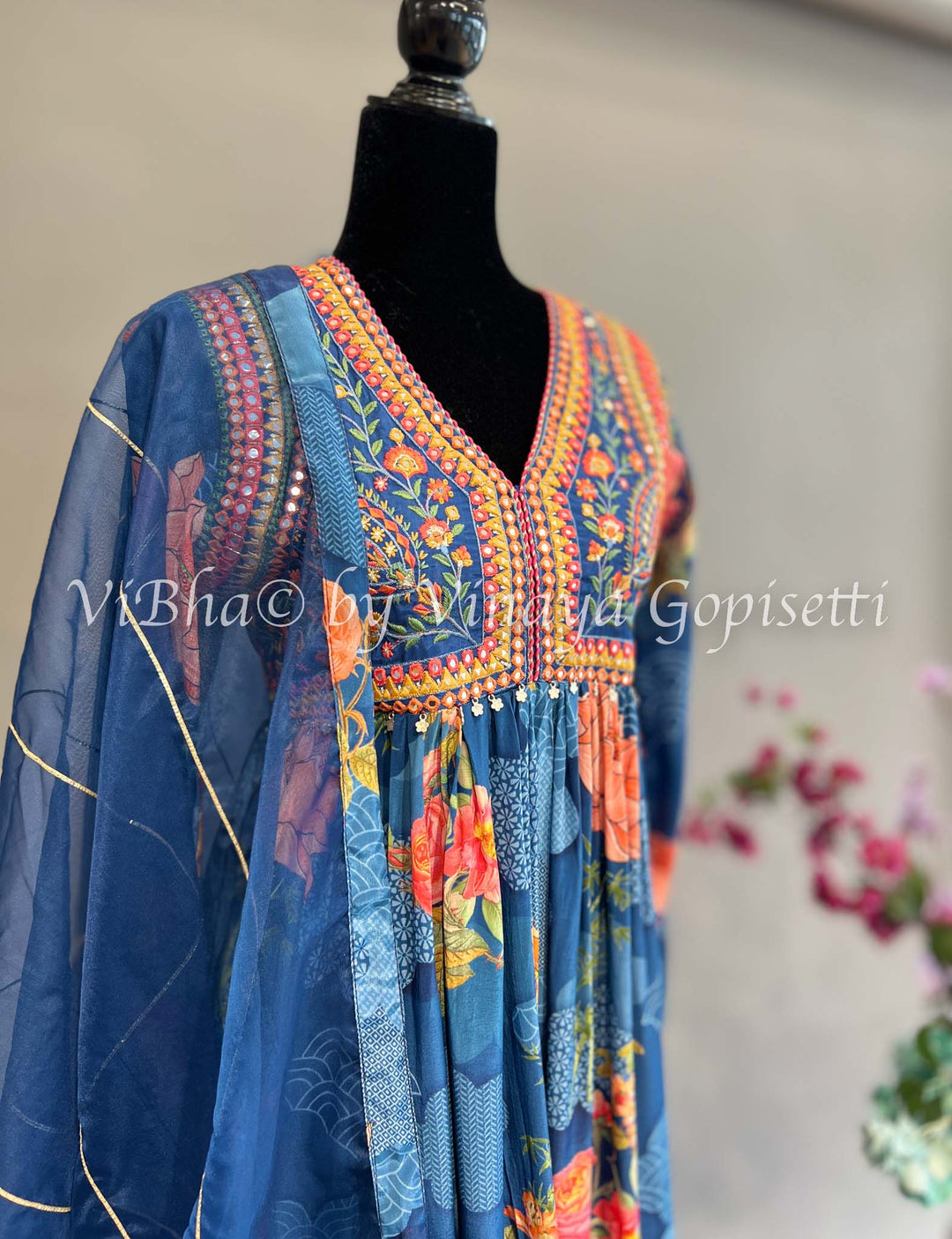 Blue Floral Print Alia Cut Kurta Set