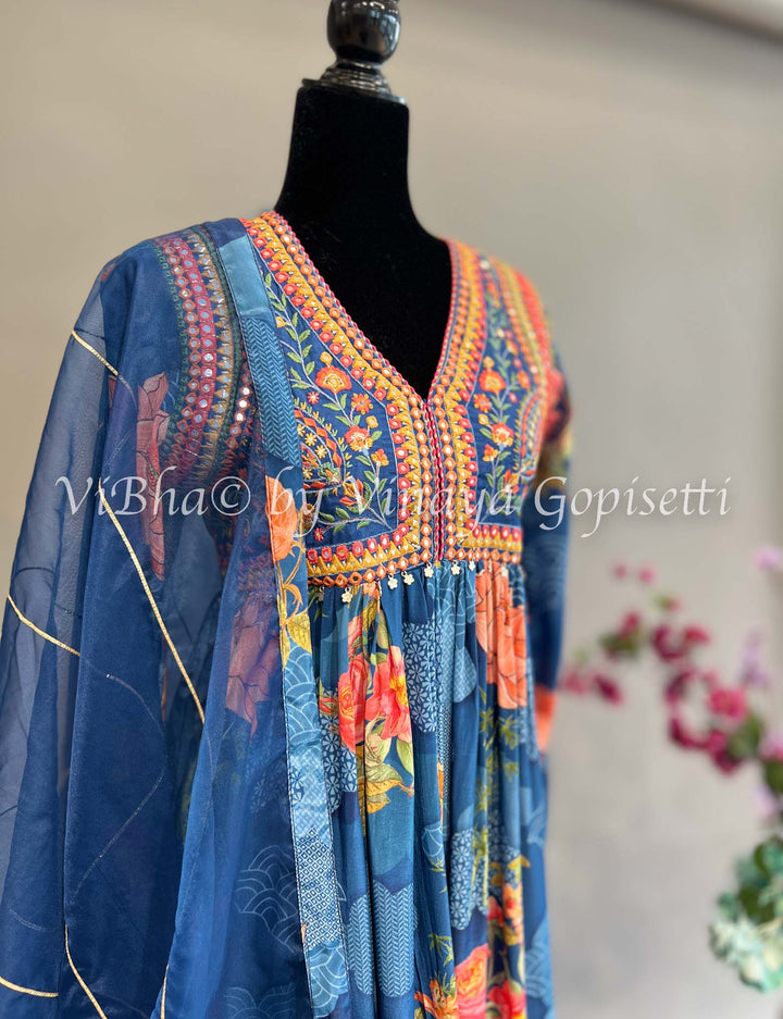 Blue Floral Print Alia Cut Kurta Set