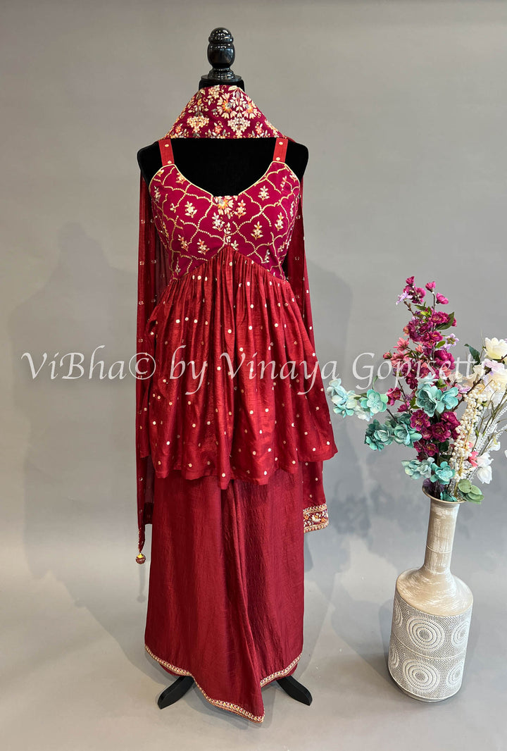 Maroon Red Embroidered Sharara Set With Choker Dupatta