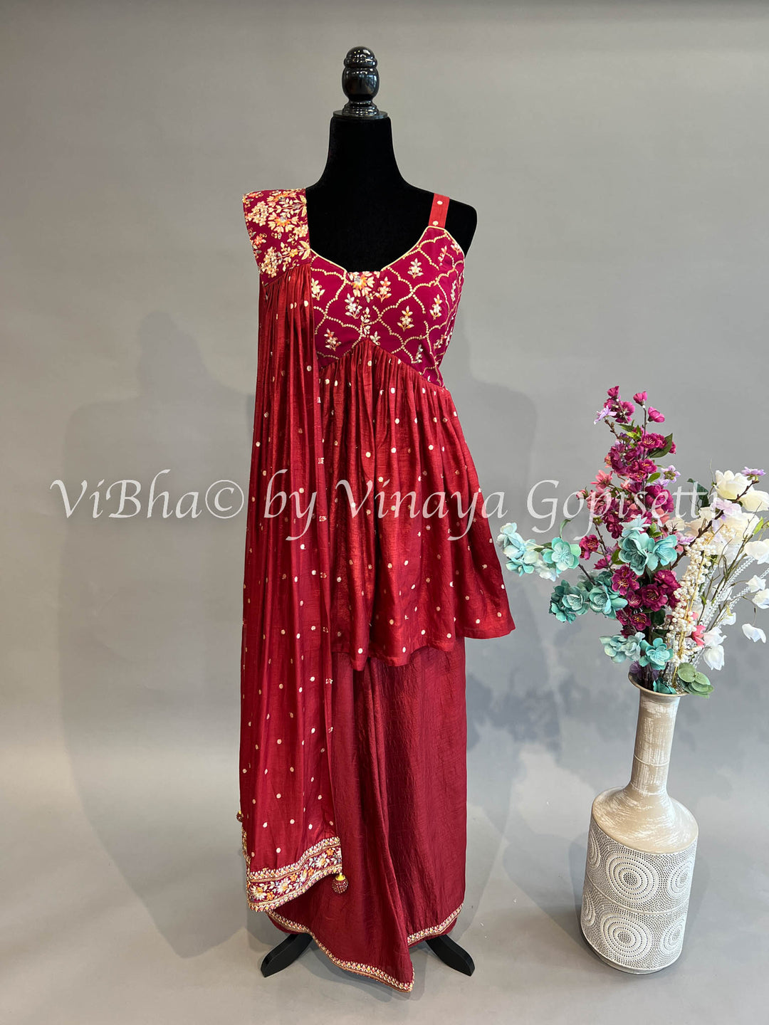 Maroon Red Embroidered Sharara Set With Choker Dupatta