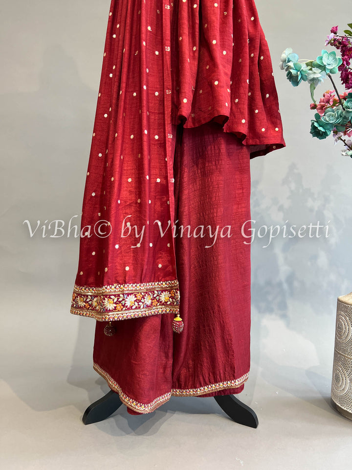 Maroon Red Embroidered Sharara Set With Choker Dupatta