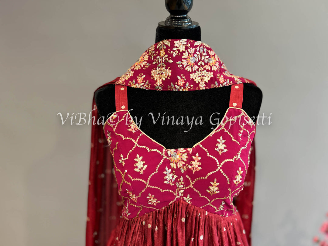 Maroon Red Embroidered Sharara Set With Choker Dupatta