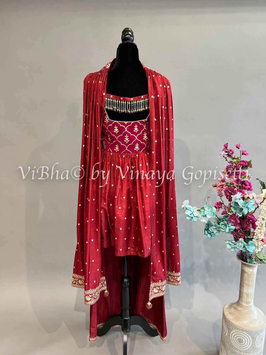 Maroon Red Embroidered Sharara Set With Choker Dupatta