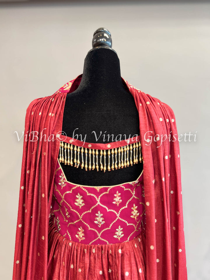 Maroon Red Embroidered Sharara Set With Choker Dupatta