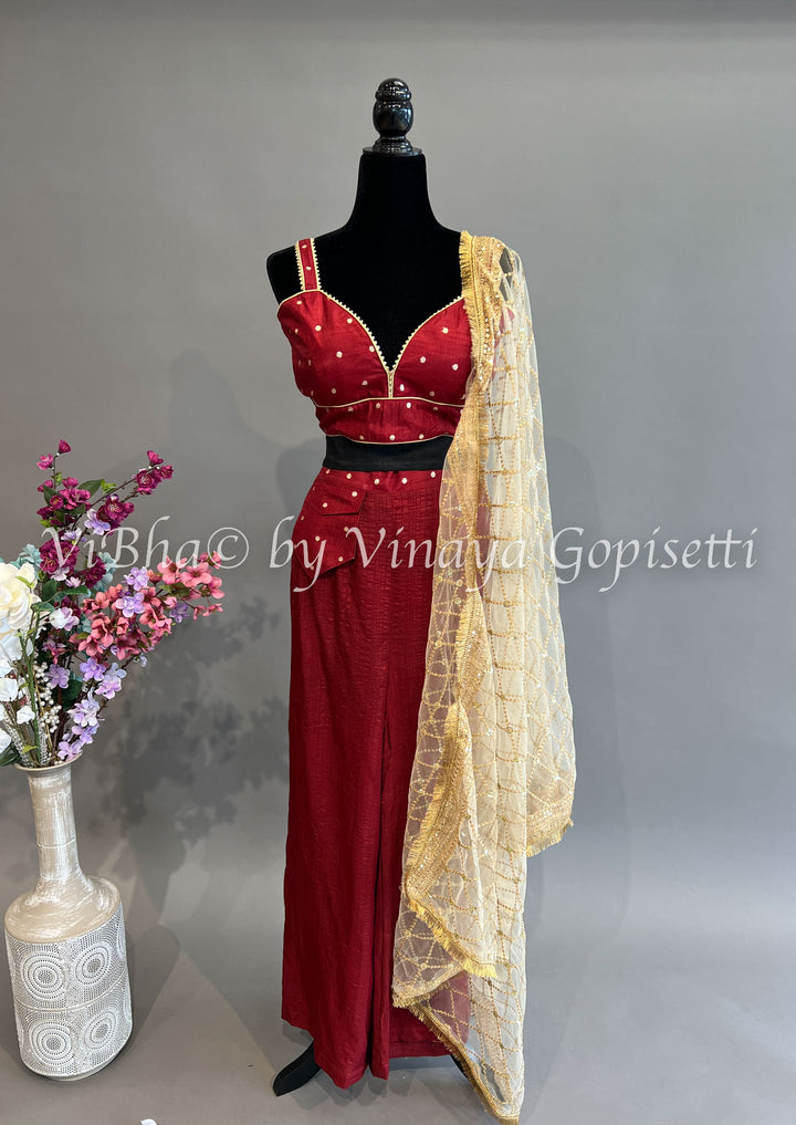 Maroon Red Sharara Set With Gold Dupatta