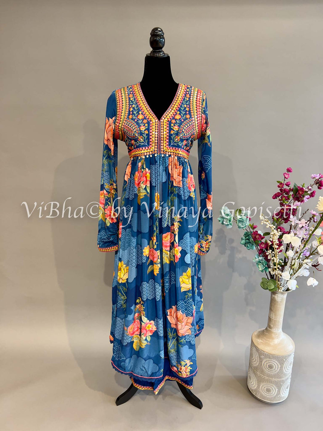 Blue Floral Print Alia Cut Kurta Set