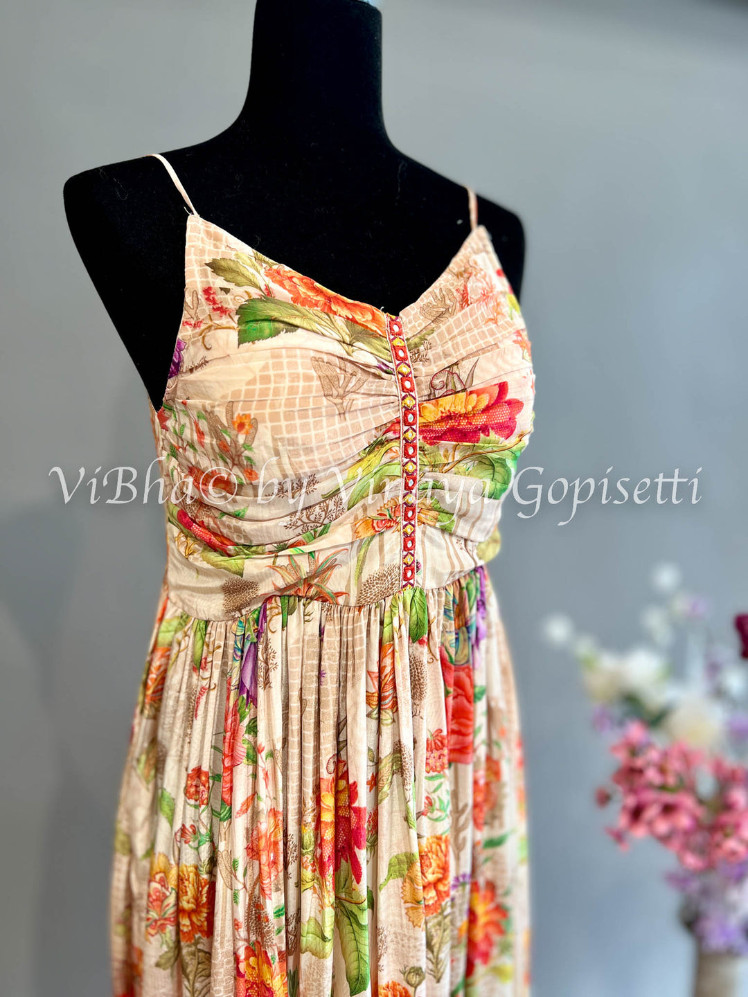 Cream Floral Print Sleeveless Gown WIth Jacket