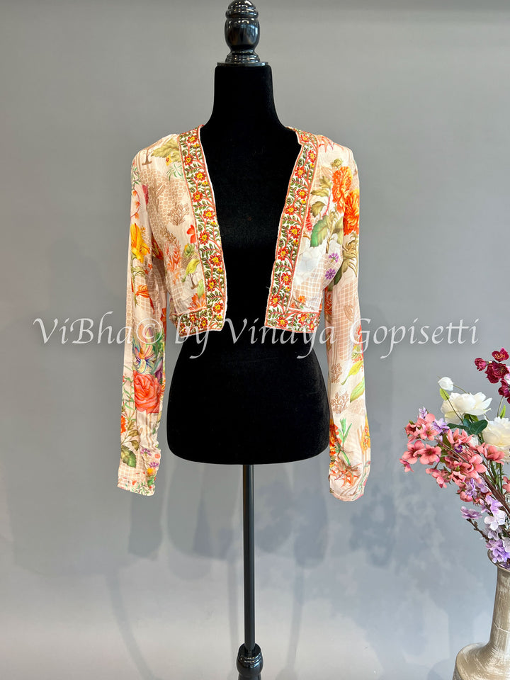 Cream Floral Print Sleeveless Gown WIth Jacket