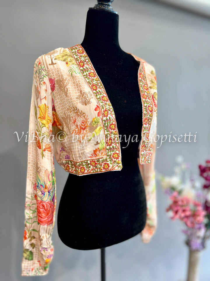 Cream Floral Print Sleeveless Gown WIth Jacket