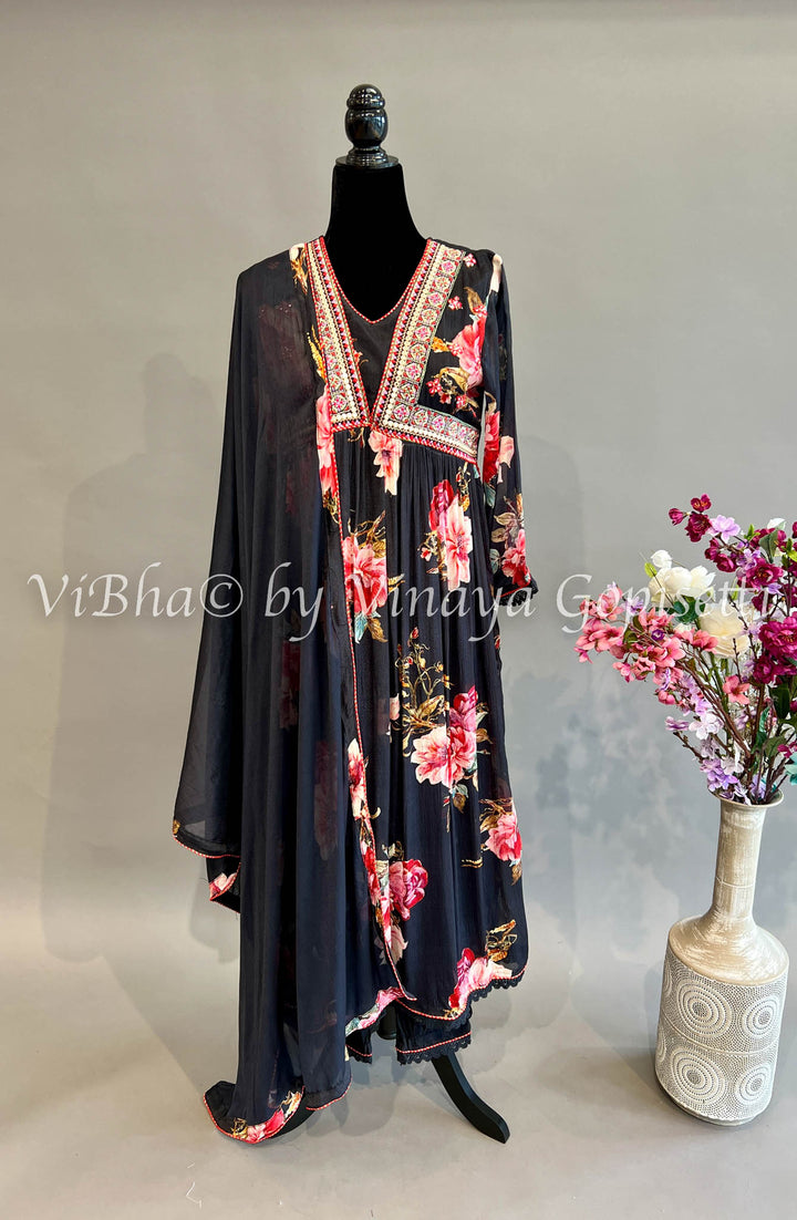 Black Floral Print Alia Cut Kurta Set