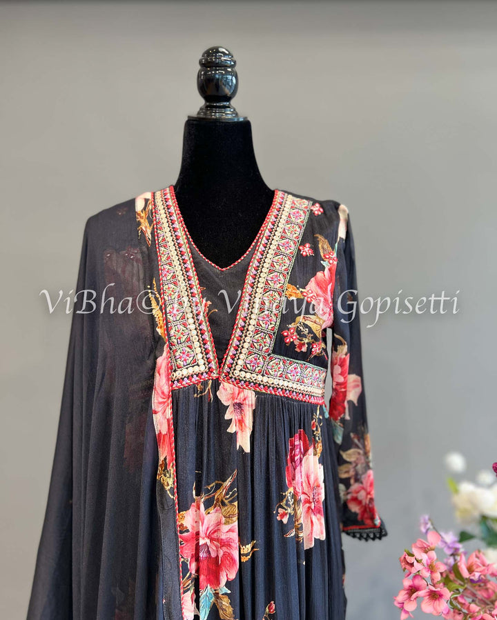 Black Floral Print Alia Cut Kurta Set