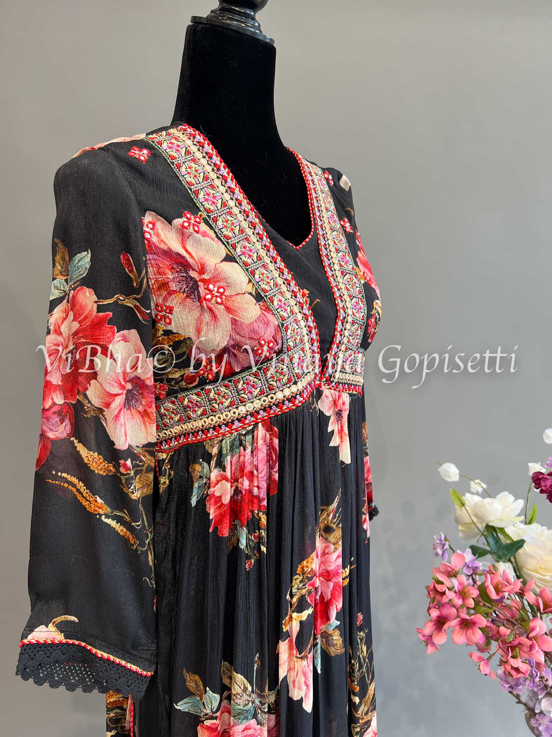 Black Floral Print Alia Cut Kurta Set