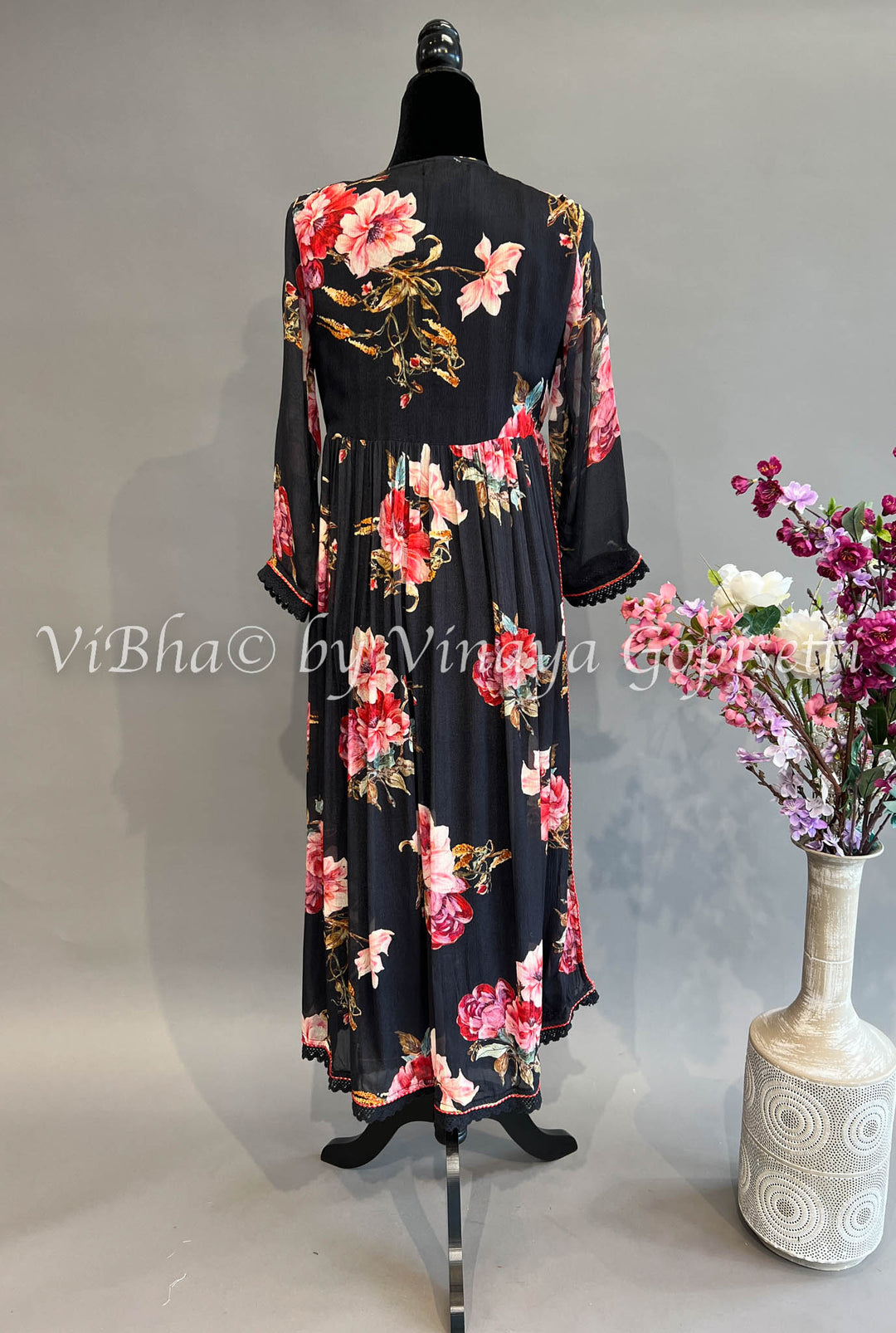 Black Floral Print Alia Cut Kurta Set