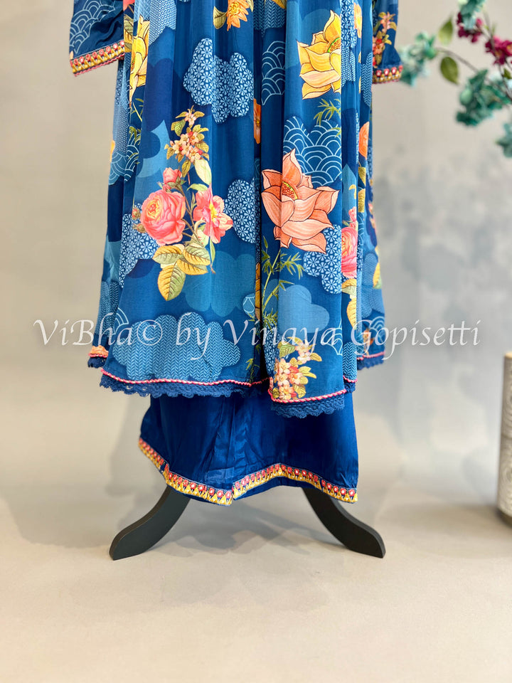 Blue Floral Print Alia Cut Kurta Set