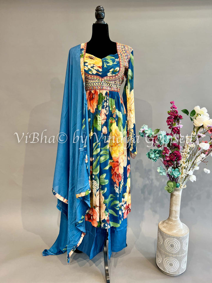 Blue Floral Print Alia Cut Kurta Set