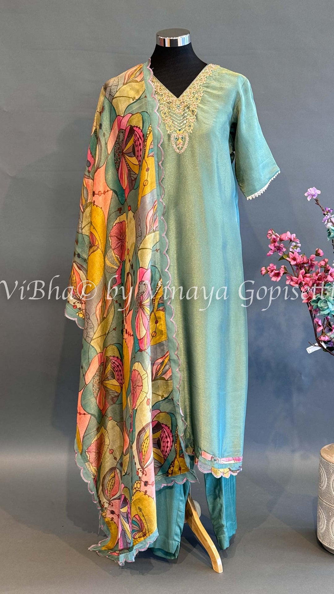 Shimmery Sage Green Palazzo With Floral Dupatta