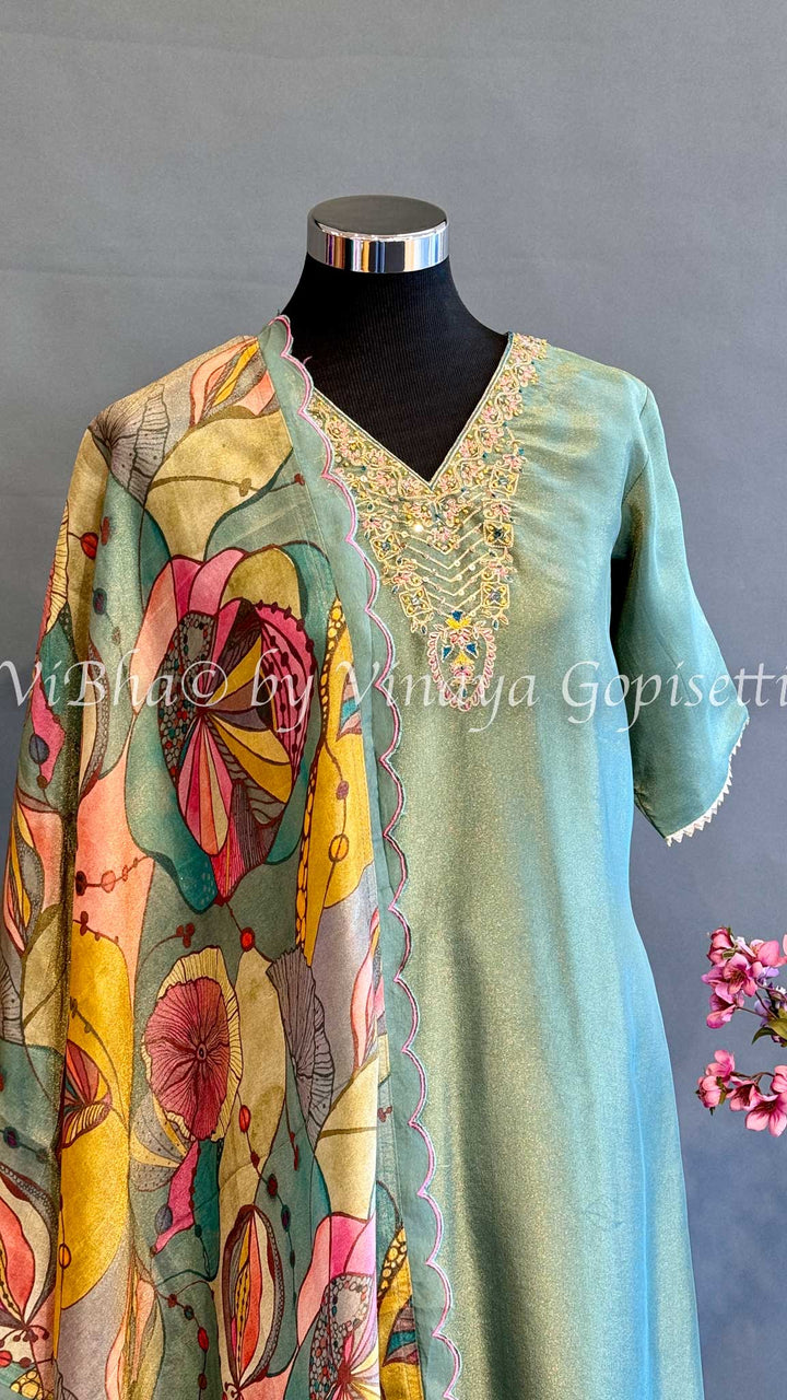 Shimmery Sage Green Palazzo With Floral Dupatta