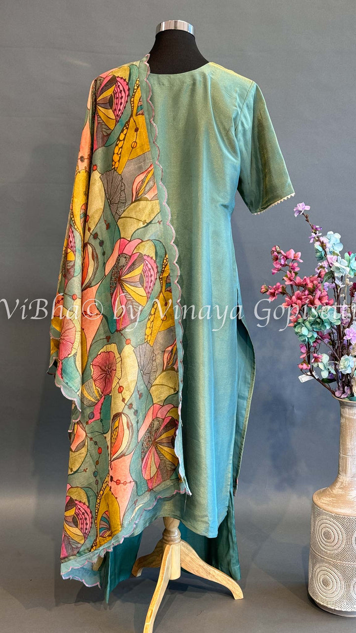 Shimmery Sage Green Palazzo With Floral Dupatta