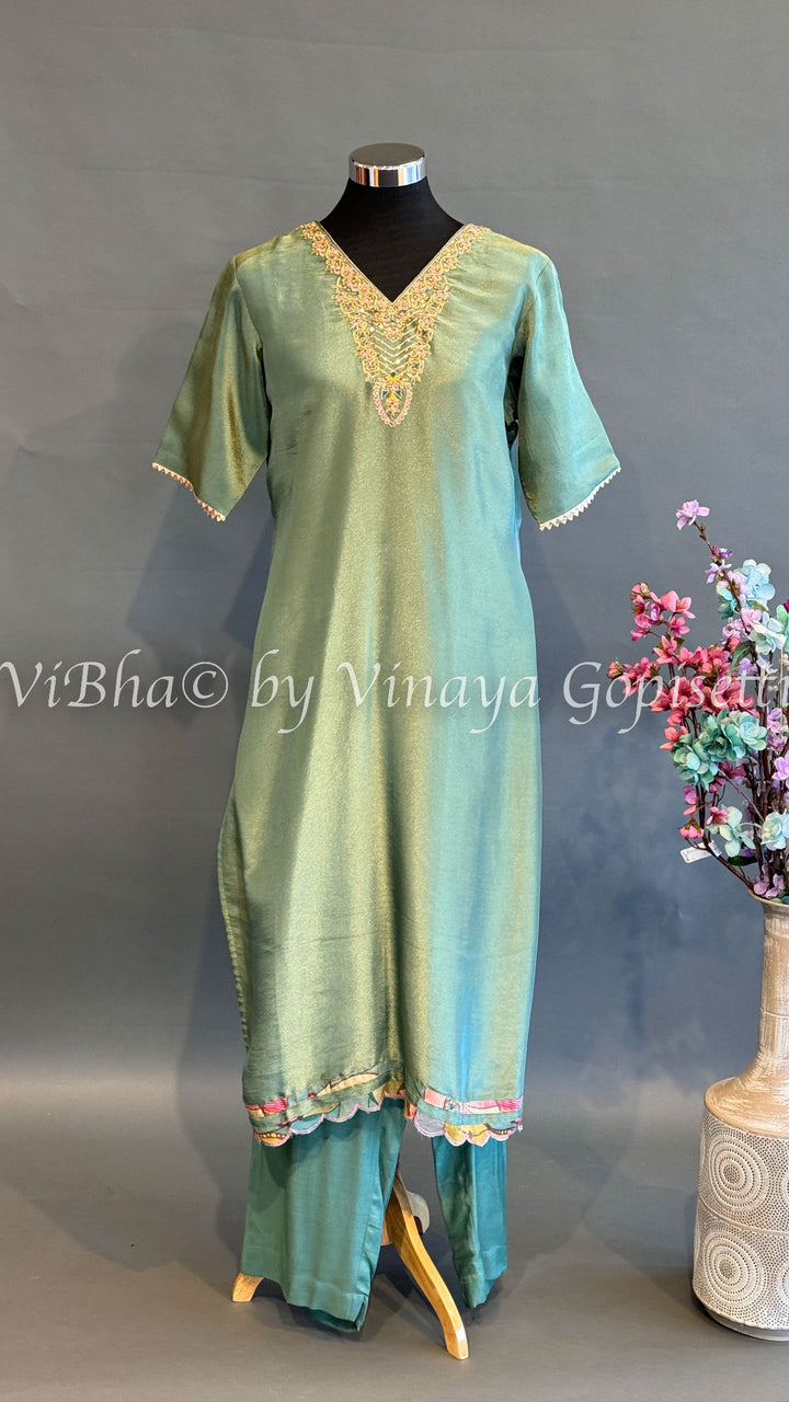 Shimmery Sage Green Palazzo With Floral Dupatta