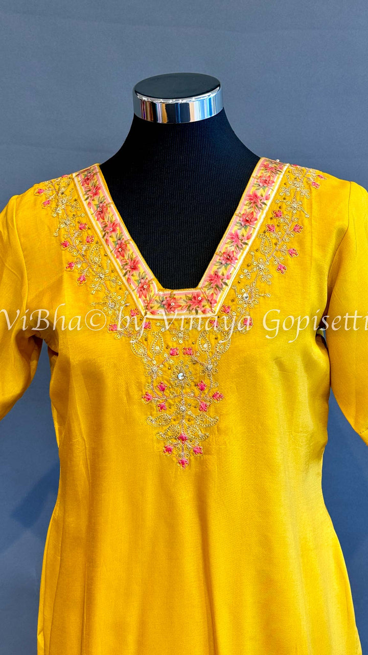 Yellow Embroidered Set With Floral Dupatta