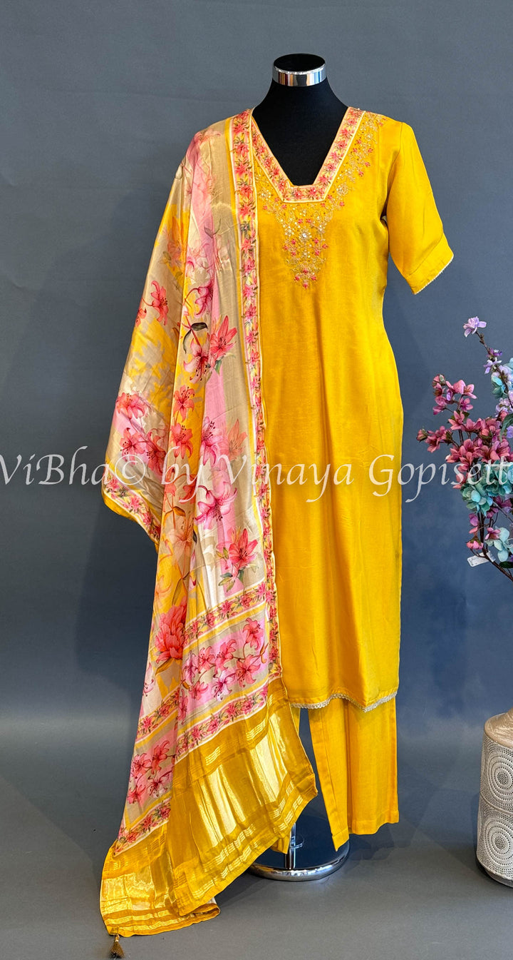 Yellow Embroidered Set With Floral Dupatta