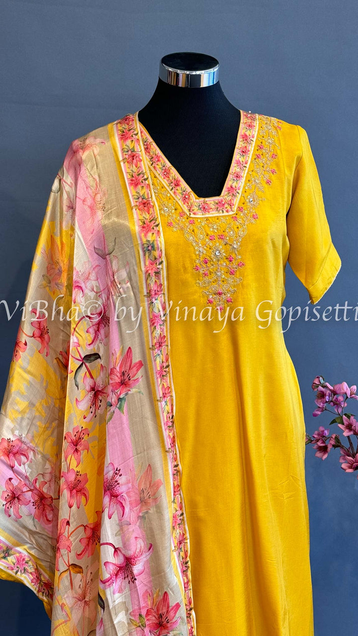 Yellow Embroidered Set With Floral Dupatta