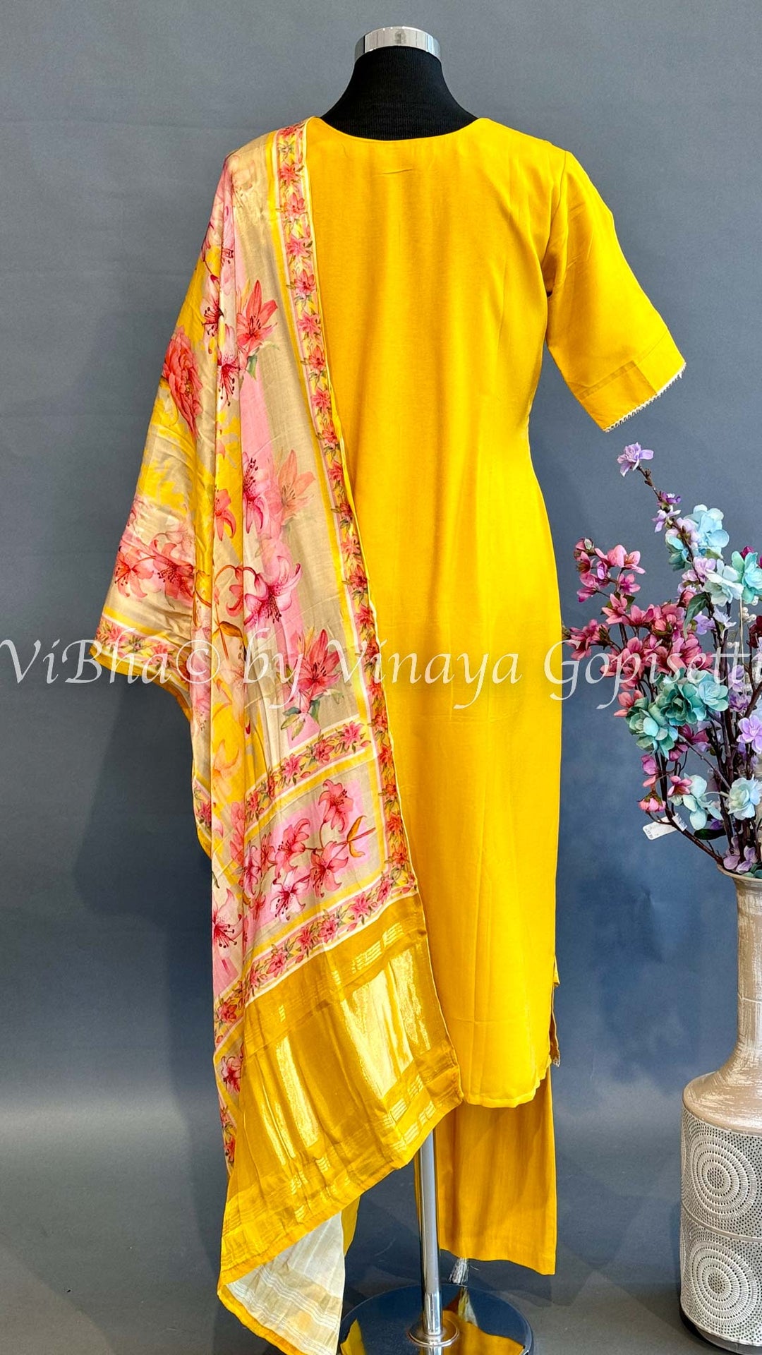 Yellow Embroidered Set With Floral Dupatta