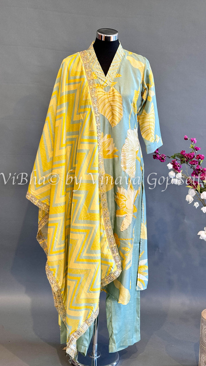 Sage Green And Yellow Floral Salwar Set