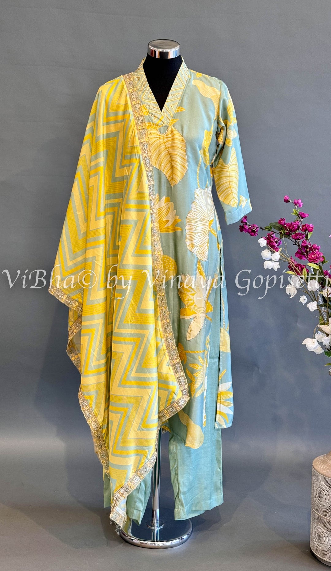 Sage Green And Yellow Floral Salwar Set