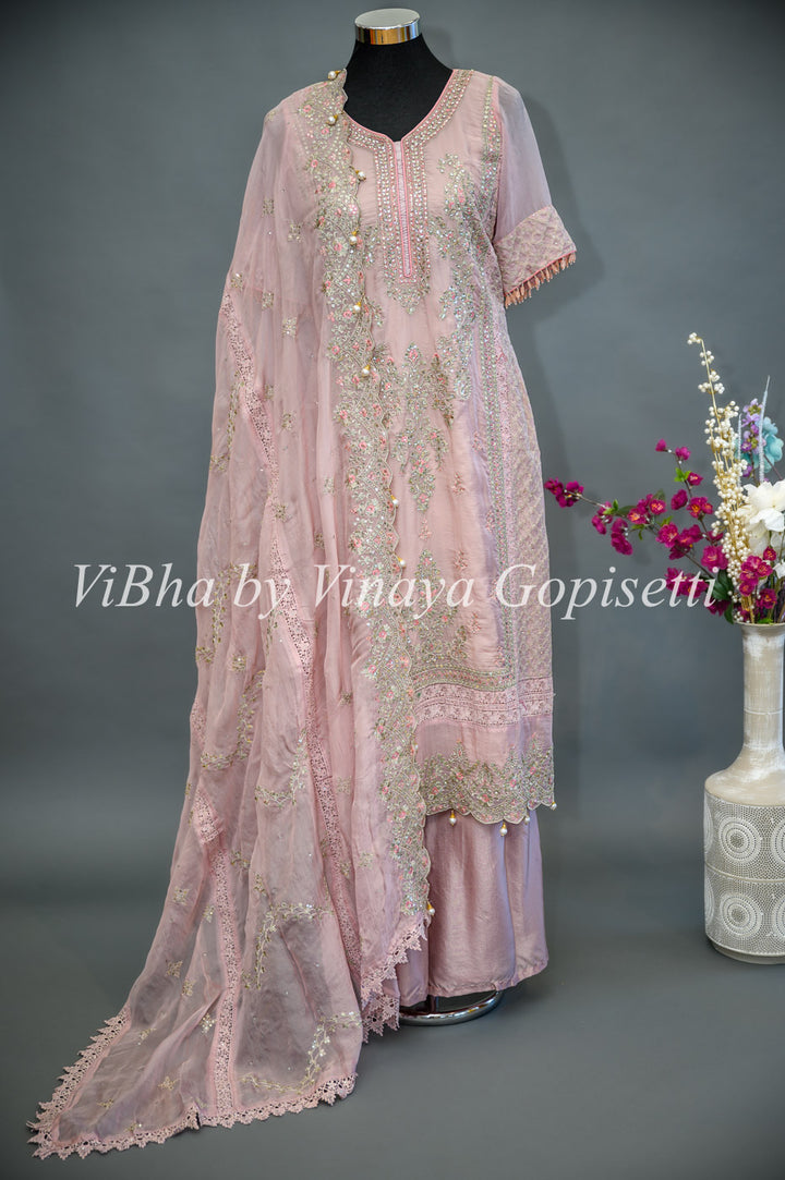 Pastel Pink Palazzo Set Embellished With Elegant Kundan And Zari Embroidery