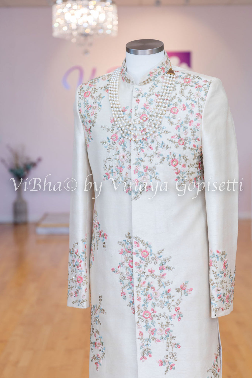 Accessories & Jewelry - Ceramic Pearl Raw Silk Sherwani Set With Hand Embroidery