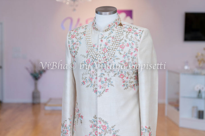 Accessories & Jewelry - Ceramic Pearl Raw Silk Sherwani Set With Hand Embroidery