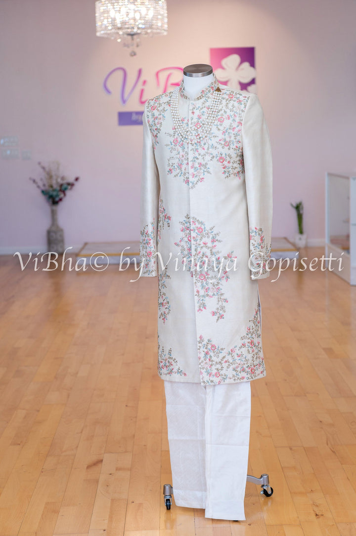 Accessories & Jewelry - Ceramic Pearl Raw Silk Sherwani Set With Hand Embroidery