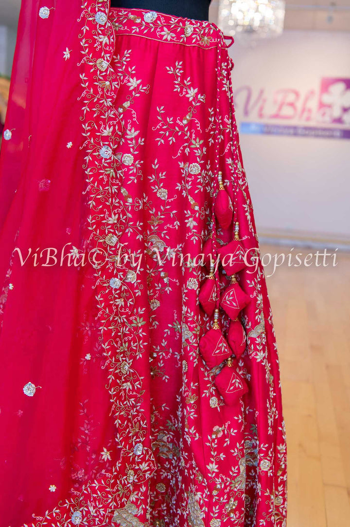 Accessories & Jewelry - Crimson Red Raw Silk Lehenga Blouse With Heavy Zardosi Embroidery And Scalloped Borders And Net Dupatta