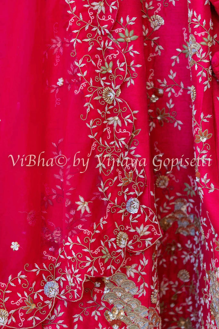 Accessories & Jewelry - Crimson Red Raw Silk Lehenga Blouse With Heavy Zardosi Embroidery And Scalloped Borders And Net Dupatta