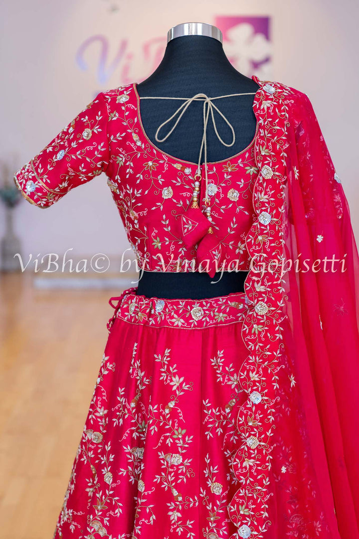 Accessories & Jewelry - Crimson Red Raw Silk Lehenga Blouse With Heavy Zardosi Embroidery And Scalloped Borders And Net Dupatta