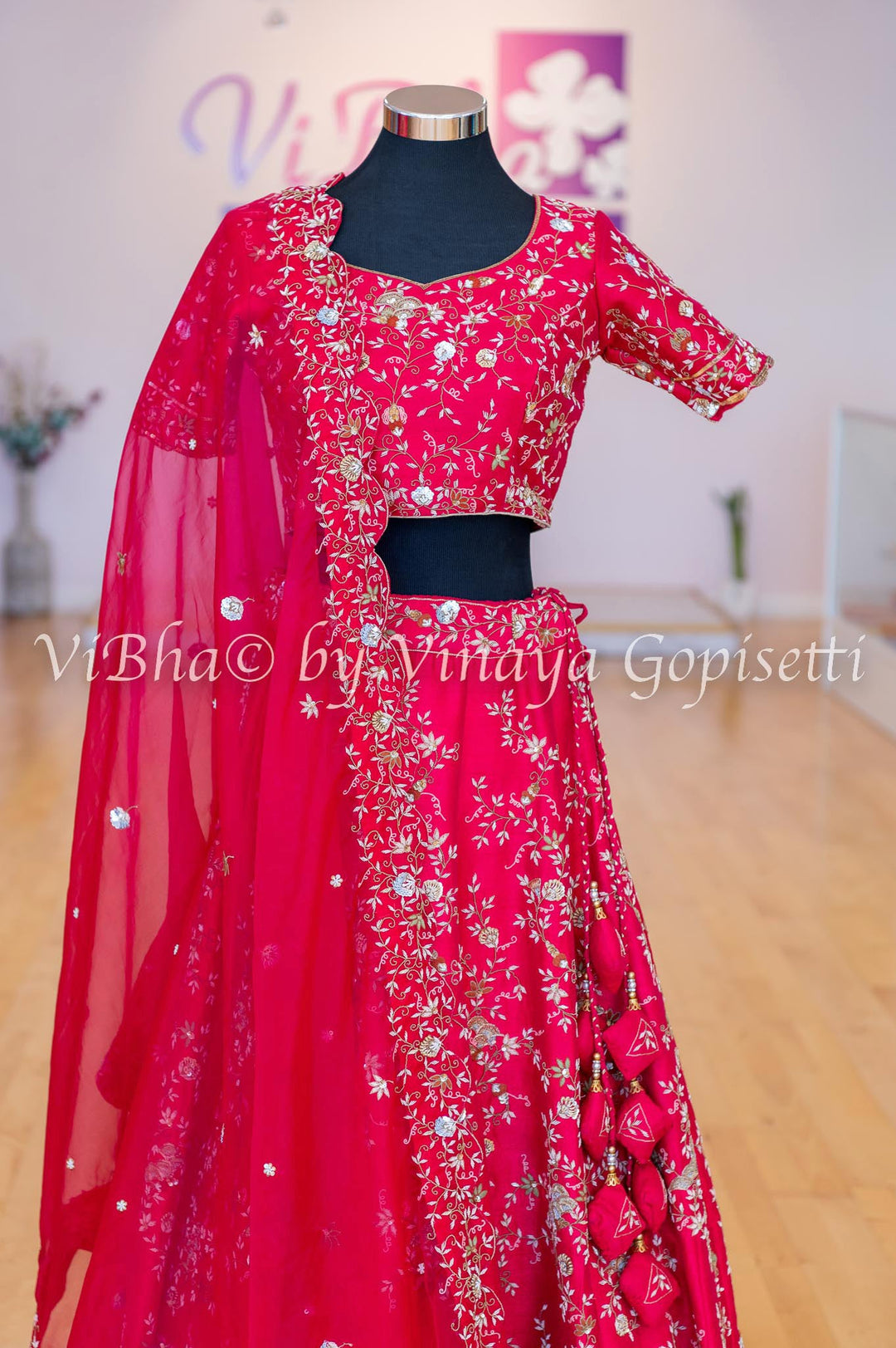 Accessories & Jewelry - Crimson Red Raw Silk Lehenga Blouse With Heavy Zardosi Embroidery And Scalloped Borders And Net Dupatta