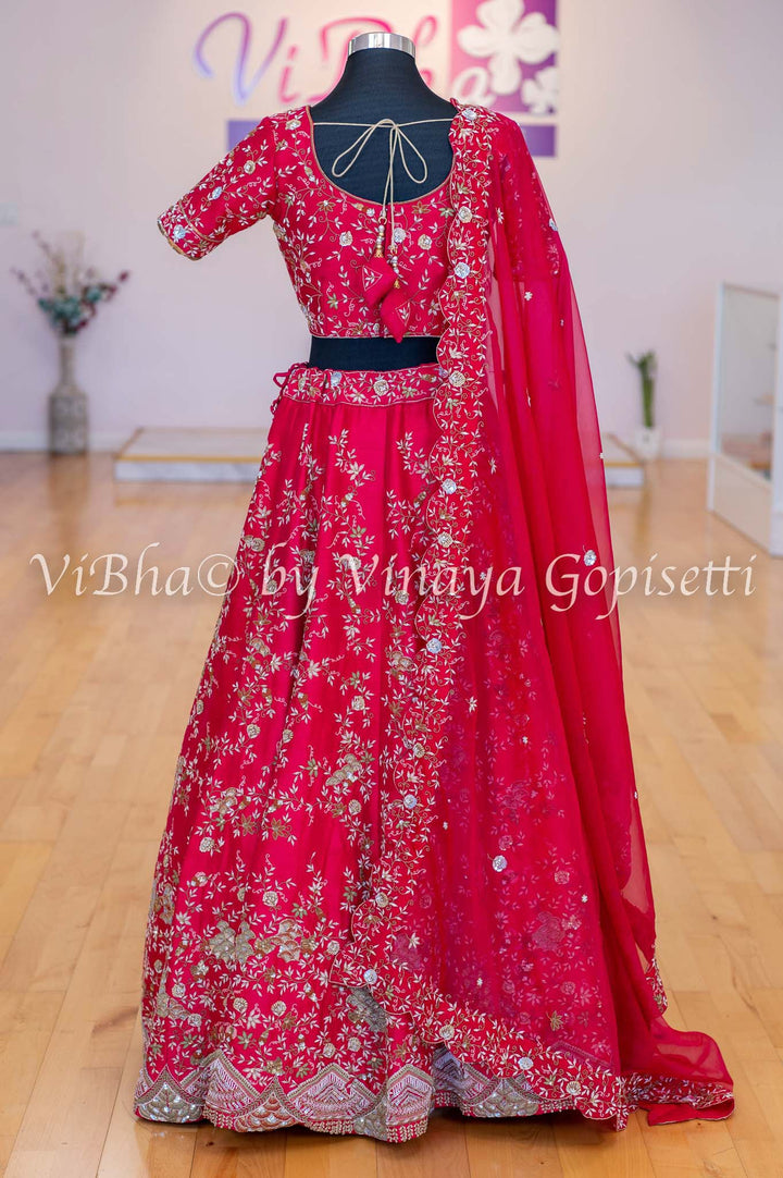 Accessories & Jewelry - Crimson Red Raw Silk Lehenga Blouse With Heavy Zardosi Embroidery And Scalloped Borders And Net Dupatta