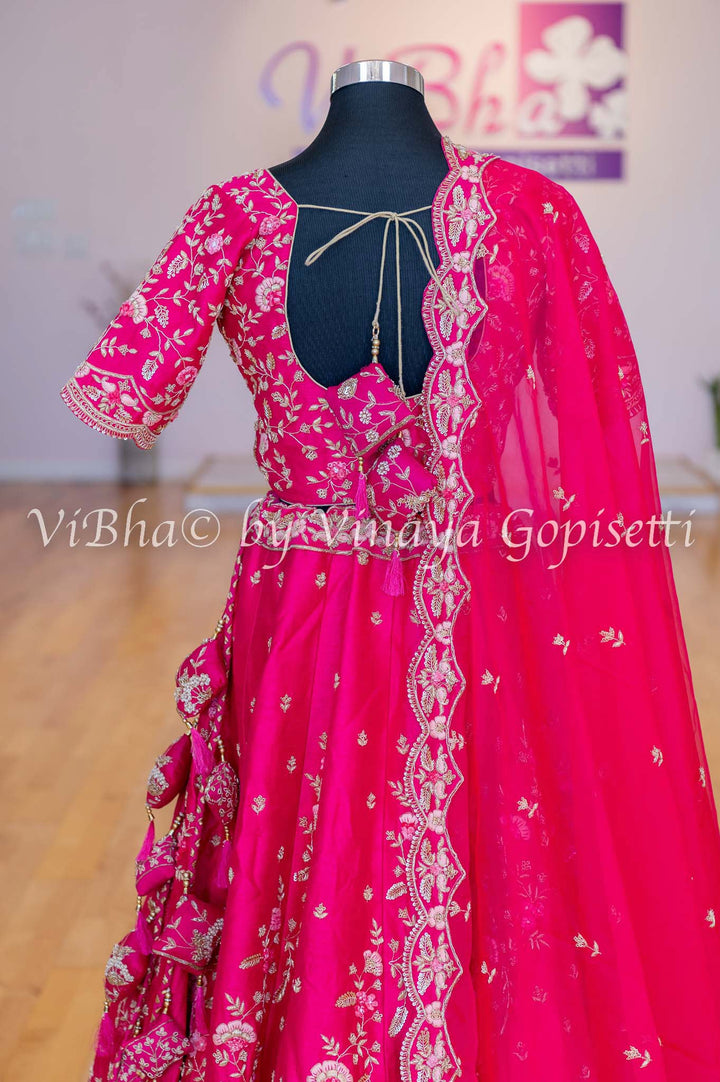 Accessories & Jewelry - Dark Pink Raw Silk Lehenga Blouse With Resham And Zardosi Embroidery With Scalloped Borders And Net Dupatta