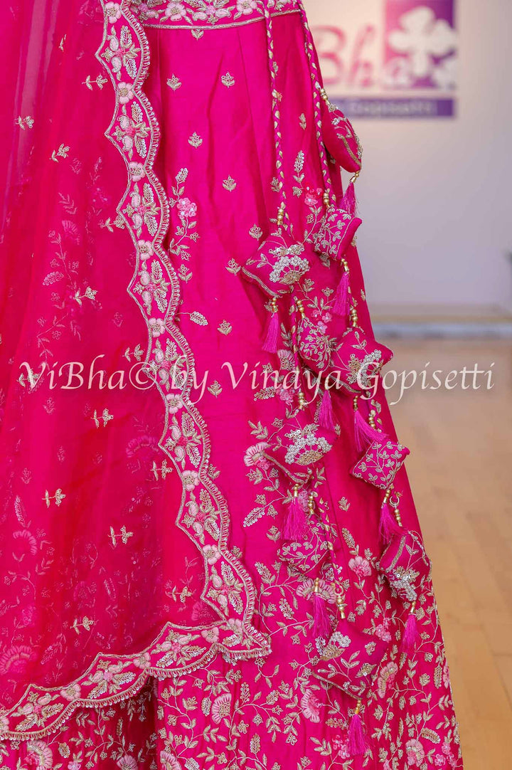 Accessories & Jewelry - Dark Pink Raw Silk Lehenga Blouse With Resham And Zardosi Embroidery With Scalloped Borders And Net Dupatta