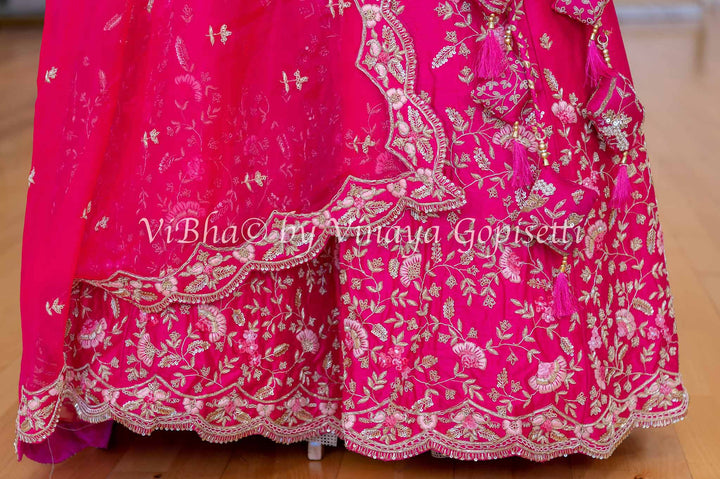 Accessories & Jewelry - Dark Pink Raw Silk Lehenga Blouse With Resham And Zardosi Embroidery With Scalloped Borders And Net Dupatta