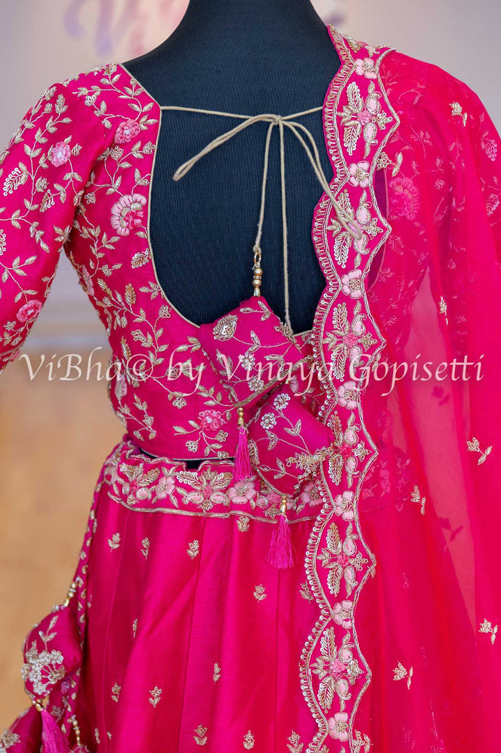 Accessories & Jewelry - Dark Pink Raw Silk Lehenga Blouse With Resham And Zardosi Embroidery With Scalloped Borders And Net Dupatta