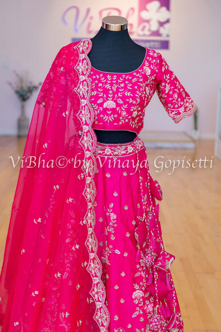 Accessories & Jewelry - Dark Pink Raw Silk Lehenga Blouse With Resham And Zardosi Embroidery With Scalloped Borders And Net Dupatta