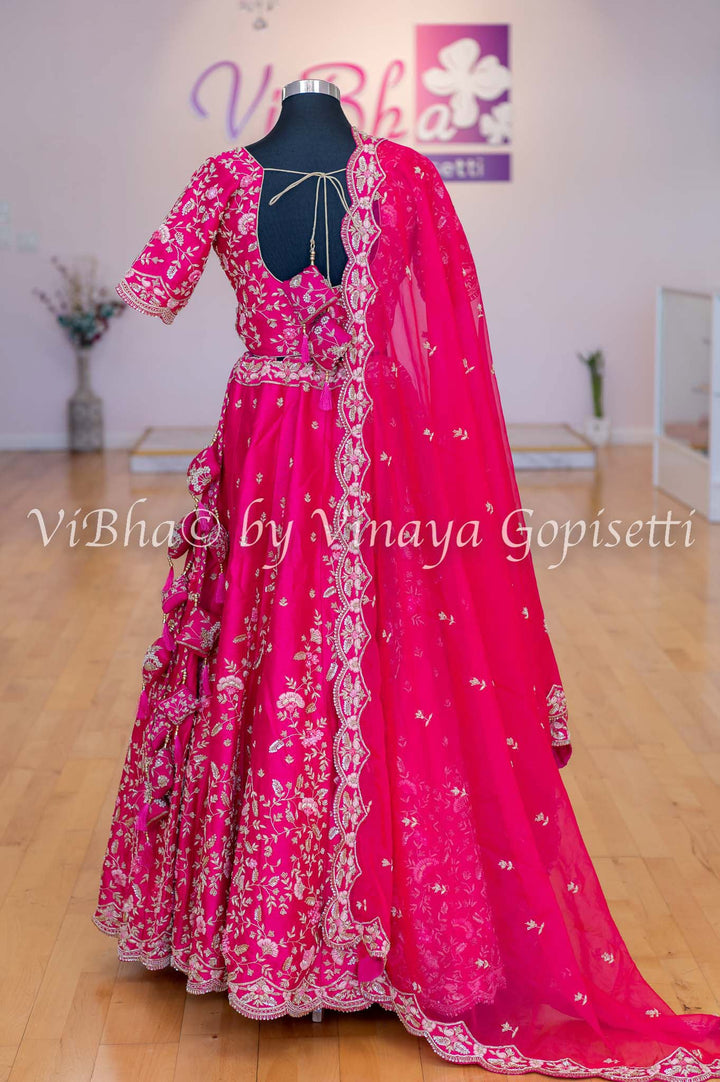 Accessories & Jewelry - Dark Pink Raw Silk Lehenga Blouse With Resham And Zardosi Embroidery With Scalloped Borders And Net Dupatta