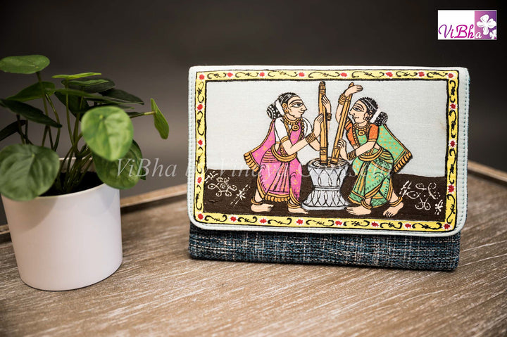 Accessories & Jewelry - Jute Nirmal Hand Painted- Grey And Light Blue Clutch