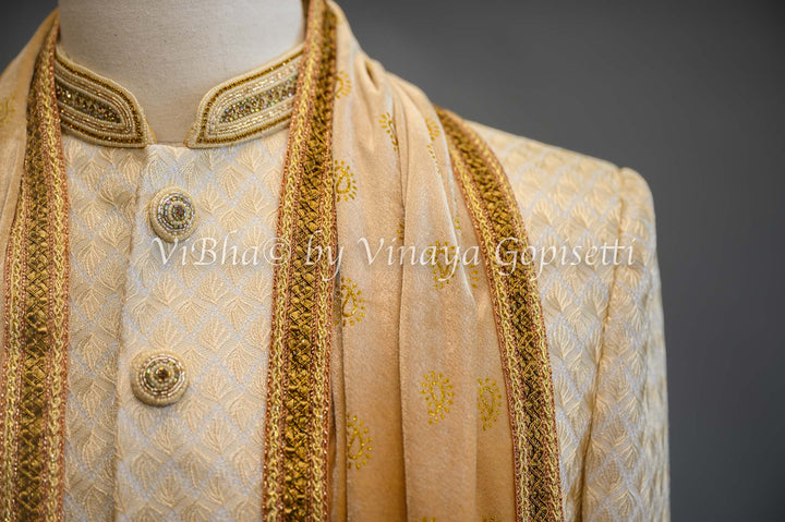 Accessories & Jewelry - Marzipan Beige Embroidered Silk Sherwani Set