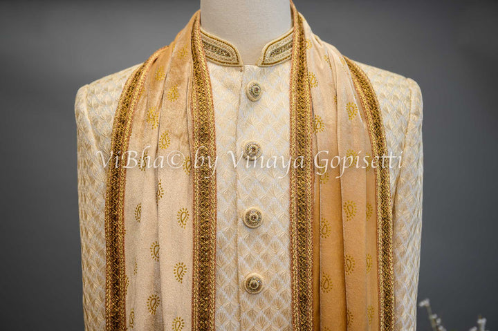 Accessories & Jewelry - Marzipan Beige Embroidered Silk Sherwani Set