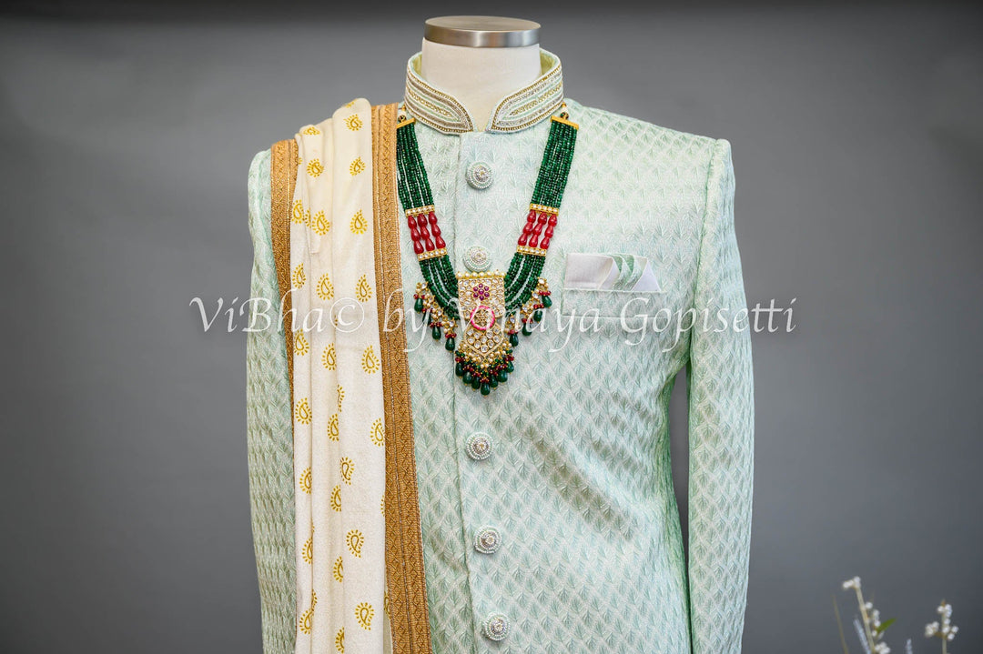 Accessories & Jewelry - Misty Jade Embroidered Silk Sherwani Set